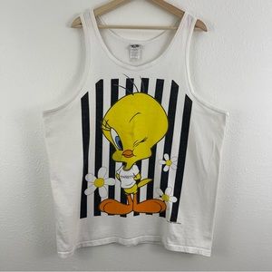 LOONEY TUNES Vintage 1997 White Black Striped Tweety Bird Daisy Graphic Tank Top